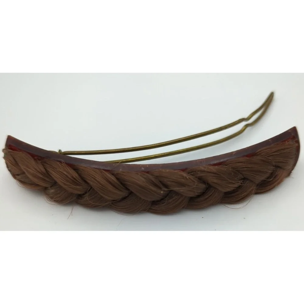 Vintage Metal & Celluloid Faux Hair Braid Barrette 3.5‎ in long Brunette Brown